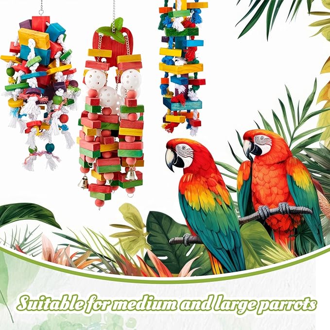 3 Pcs Extra Large Bird Parrot Toy Multicolored Natural Wooden Parrot Cage Chewing Toys for Large Medium Macaws Cockatoos African Grey Birds (Block and Rope)