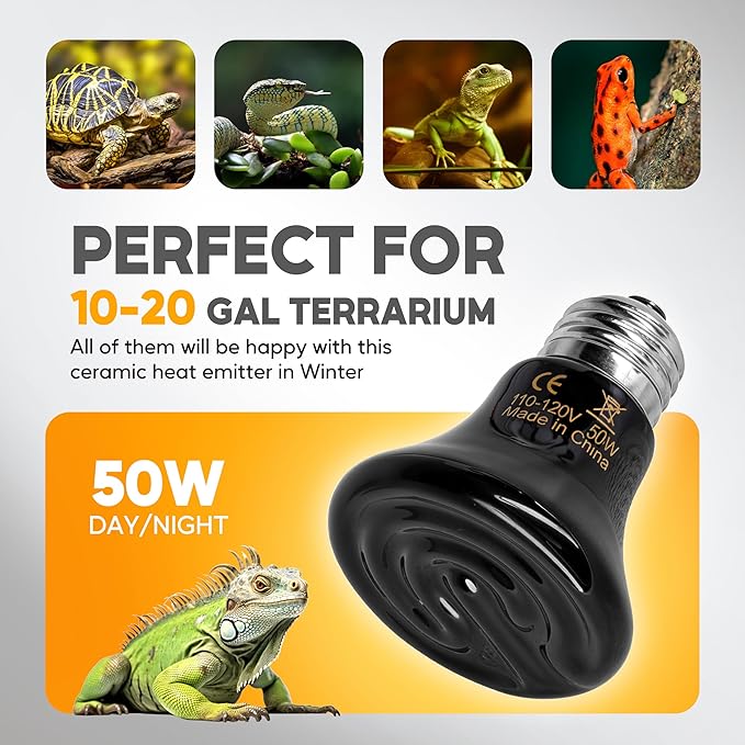 HealSmart 50W Mini Reptile Heat Lamp Ceramic Heat Emitter, No Light Emitting Heat Bulbs, Suitable for Snake/Lizard/Spider, Plant Growth and Incubating Chicken, 2-Pack