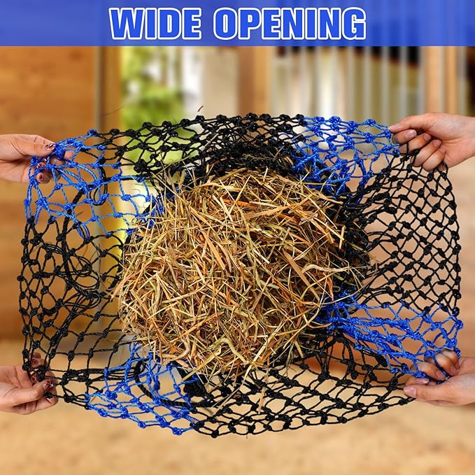 2 Pcs Slow Feed Hay Bag 36 Inch Ultra Slow Hay Feeders 1.5 x 1.5 Inch Holes Hay Nets for Horses Goat Livestock Horse Supplies, Black and Blue