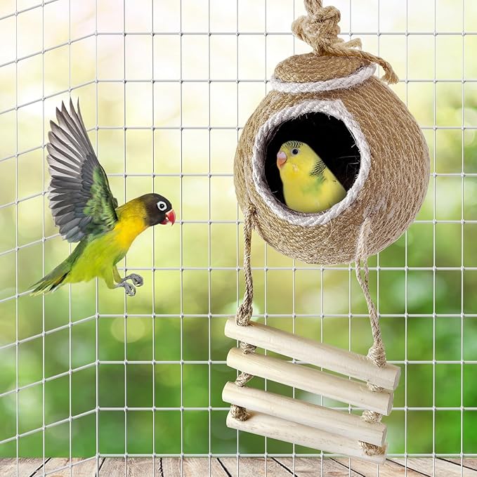 Tfwadmx Coconut Hide with Ladder, Natural Coconut Fiber Hanging Birdhouse Cage, Handmade Sisal Rope & Coconut Bird Shell Breeding Nest for Parrot Parakeet Lovebird Finch Canary (2 Pcs Brown)