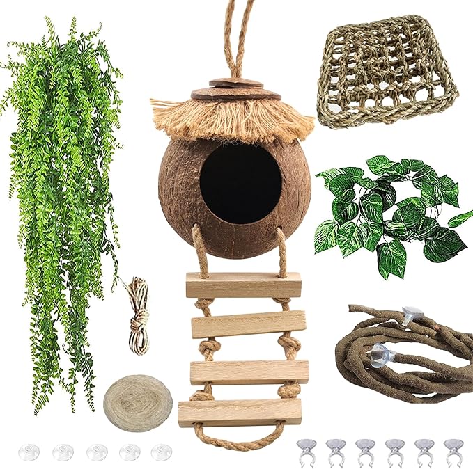 Crested Gecko Tank Accessories Coconut Hide with Ladder,Leopard Gecko Coconut Hut Hideout Hanging Lizard Seagrass Hammock Dragon Cage Lounger Jungle Vine Flexible Leaves Reptile Tank Decor