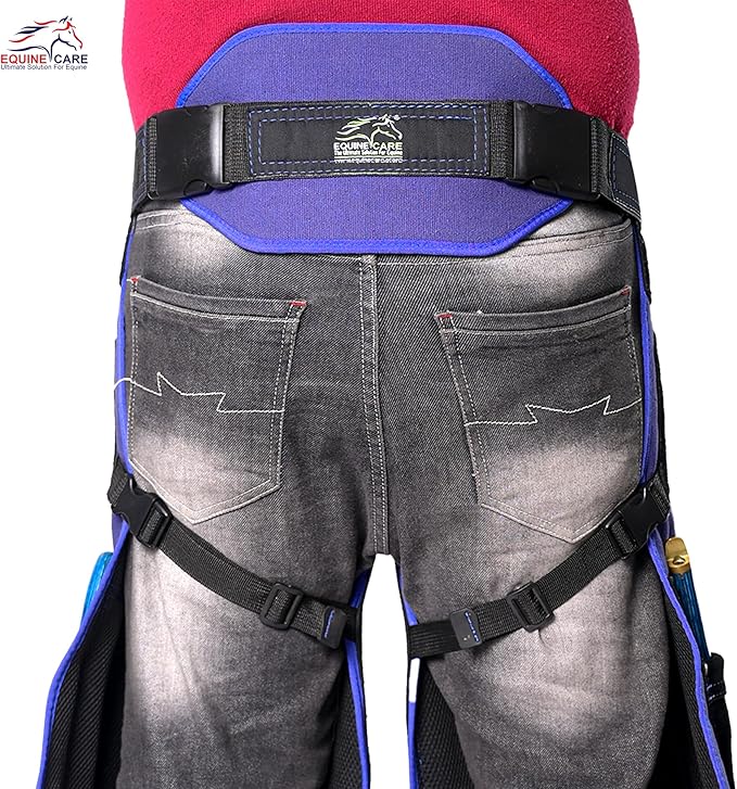 Equine Care Farrier Apron Chaps – 23" to 27" Cowhide Suede Leather & 500 GSM Canvas, Adjustable Waist 28"-52", Back Support, 4 Hoof Knife Pockets & 2 Nail Magnets. (27 inches (70 cm))
