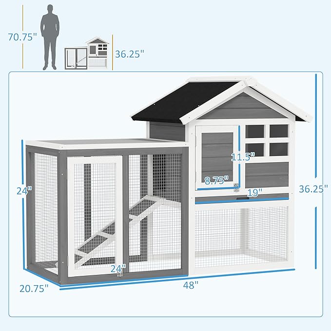 PawHut 48" Wooden Rabbit Hutch Bunny Cage with Waterproof Asphalt Roof, Fun Outdoor Run, Removable Tray and Ramp, Grey