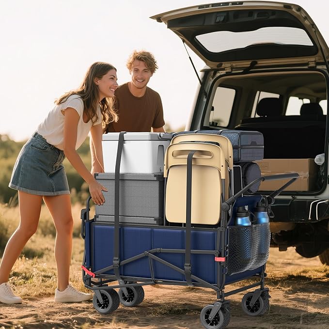 LEVELEVE Heavy Duty Folding Wagon - 2-in-1 Collapsible Cart, 400lb Capacity, All-Terrain Wheels w/Brakes & Side Pockets (Blue)