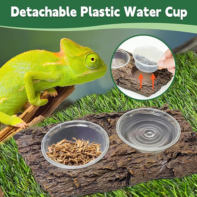 PINVNBY Double Gecko Feeder Bowl Resin Rock Reptile Water Dish with Feeding Cups Gecko Reptile Terrarium Tank Accessories for Bearded Dragons Leopard Lizard Snake Chameleon