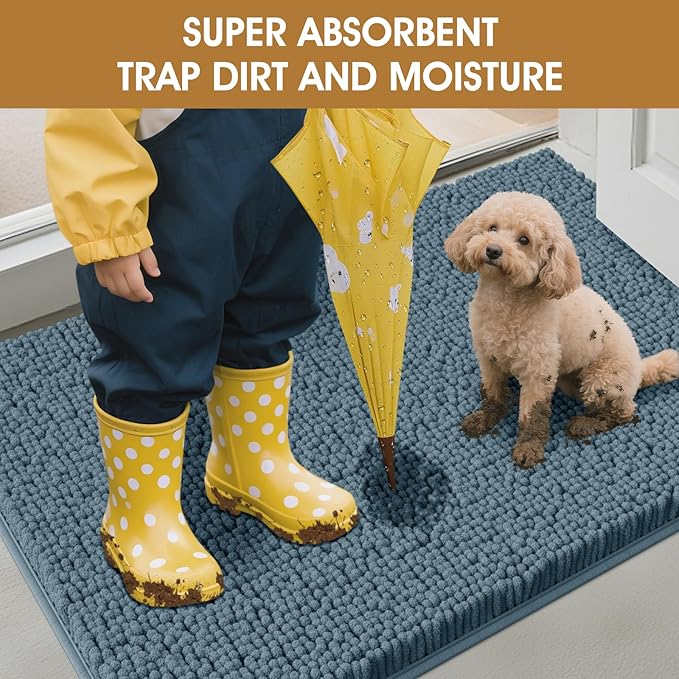 IM HOME 36" x 24" Dusty Blue Dog Door Mats for Muddy Paws, Chenille Absorbent Dog Mat, Non Slip Heavy Mud Mat for Dogs, Soft Pet Bed Mat for Entryway, Mud Paws, Inside Floor