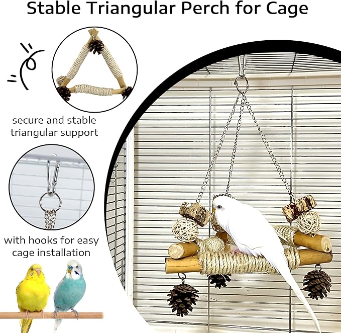 Bird Swing for Cage with Chew Toys, 3 Sisal-Wrapped Parrot Perches & Stable Triangle Design, Wooden Hanging Parakeet Toys Swing for Cockatiel Lovebirds Conures Quaker Balance Training (S)