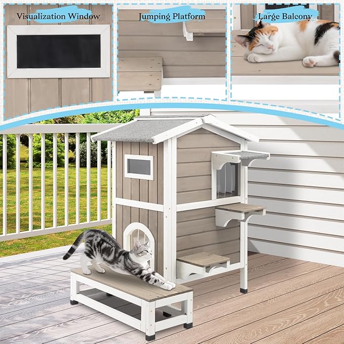 PetsCosset Outdoor Cat House Feral Cats Shelter Weatherproof with Balcony, 2-Story Wooden Outside Pet C at House with Openable Roof, 4 Door, 2 Platforms