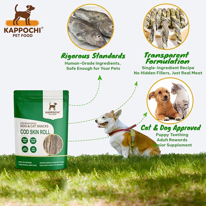 Freeze Dried Cod Skin Roll Dog Treats, Cat Treats, Rich in Omega-3, 3.5 Ounce (100.0g), Single Ingredient, High Protein Chew Snacks, Natural & Raw, No Additives, Grain Free, Gluten Free