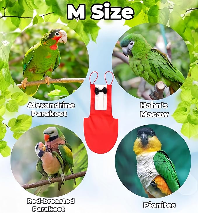 Bird Diapers Bird Harness Tuxedo Flight Suits with 80in Flying Leash Parrot Nappy with Waterproof Inner Layer Urine Wet Suite for Cockatiel Conure Parakeet Macaw Budgie-Red,M