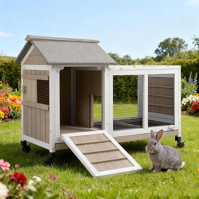 38''L Rabbit Hutch Outdoor with Wheels, Wooden Expandable 2 Story Bunny House Rabbit Cage Indoor with Run, Pull Out Tray, Waterproof Roof, Guinea Pig Cage Chicken Coop for Small to Medium Pets