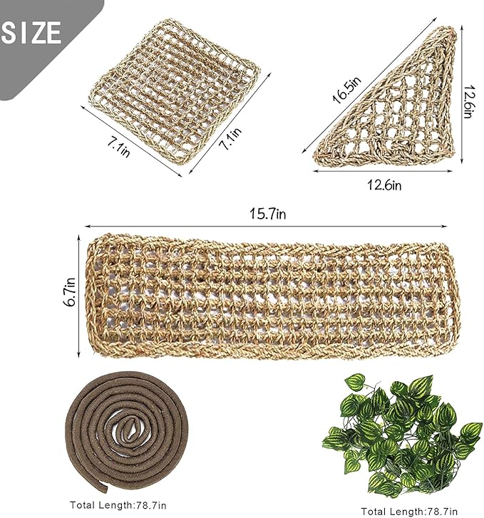 Tfwadmx Bearded Dragon Hammock Lizard Lounger Natural Seagrass Fiber Reptile Climbing Toys Jungle Climber Vines Decor for Hermit Crabs Geckos Snakes