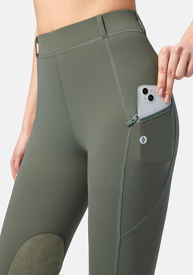 SANTINY Women's Horse Riding Pants with Zipper Pockets Knee-Patch Schooling Tights Equestrian Breeches for Women