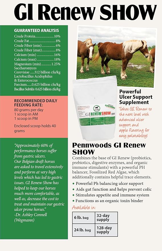 Pennwoods GI Renew Show, Probiotics for Equine, Immune and Appetite Stimulation, Prebiotics, Digestive Enzymes | Horse Supplement Providing Ulcer Relief and Treatment, Organic Toxin Binder, 6 LB Bag