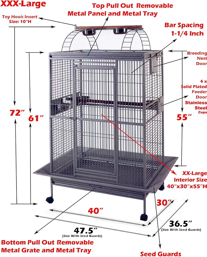 Huge XX-Large Double Ladders Open Play Top Wrought Iron Bird Parrot Parakeet Finch Macaw Cockatoo Rolling Cage Include Metal Trays Around Seed Guard and Toy Hook