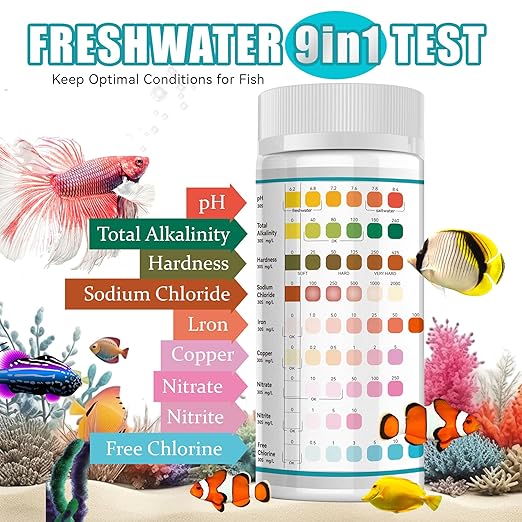 Aquarium Test Strips, 9 in 1 Fish Tank Test Kit for Freshwater Ponds, 150 ct Quick & Accurate Water Testing Iron Copper Sodium Chlorine Nitrate Nitrite Total Alkalinity Hardness Free Chlorine pH