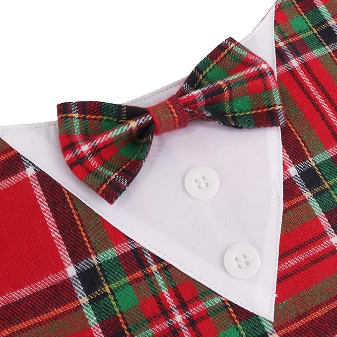 ADOGGYGO Christmas Dog Tuxedo Bandana, Red Green Plaid Pet Xmas Collar with Bow, Adjustable Christmas Costume for Large Dogs (L)
