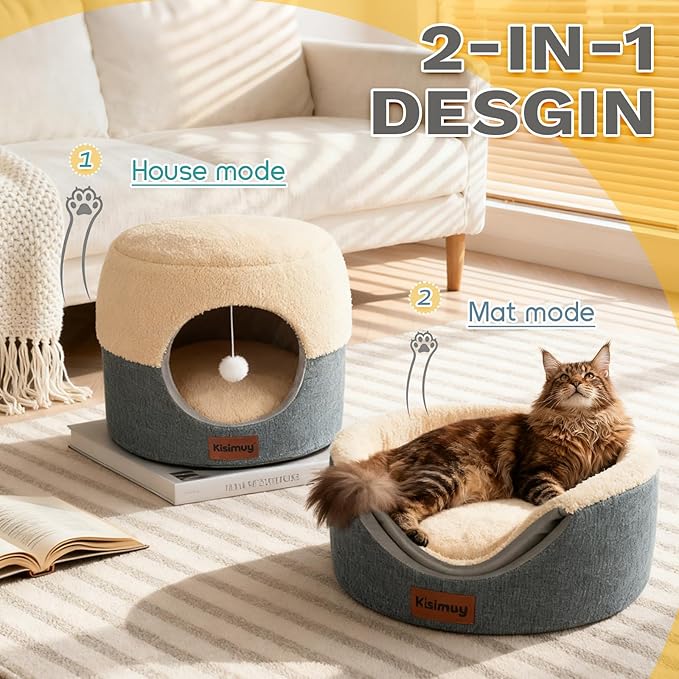 Cat Cave Bed for Indoor Cats & Kittens, 2-in-1 Foldable Cat Couch & Lounger for Small & Medium Cats with Reversible Cushion - Calming Anti-Anxiety Pet House, Soft Plush & Anti-Slip Bottom, 15.7 Inch