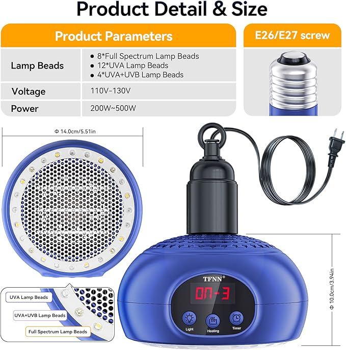Chicken Coop Heater Lamps,200W-350W-500W Reptile Heating Lamp Upgraded with UVA UVB Ligh 3-6-9-12H Timer,Protable Greenhouse Heater for Outdoor Chicken Coop for Reptile Rabbits Dog Cats (Blue)