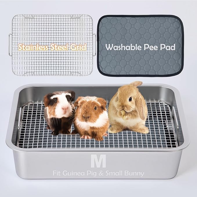 MEEXPAWS Guinea Pig Stainless Steel Litter Box with Raised Grid and Washable Pad,Small Bunny Rabbit Litter Pan High Side, Ferret Rat Litter Box, Small Animal Toilet Potty Tray Easy Clean,Less Stink