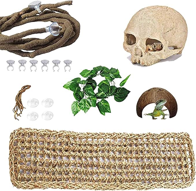 PINVNBY Bearded Dragon Tank Accessories,Reptiles Resin Human Skull Habitat Decor,Lizard Hammock Coconut Shell Hut Hideouts Cave Jungle Climber Vines Leaves Decorations for Chameleon Snake Spider Gecko