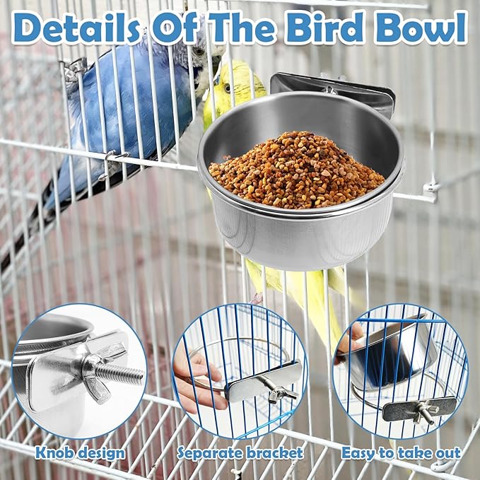 kathson 4 Pack Bird Feeding Dish Cups, Stainless Steel Parrot Feeders Water Cage Bowls with Clamp Holder Bird Feeders for Parakeet Cockatiels Conure Budgies Lovebird Finch and Small Animals