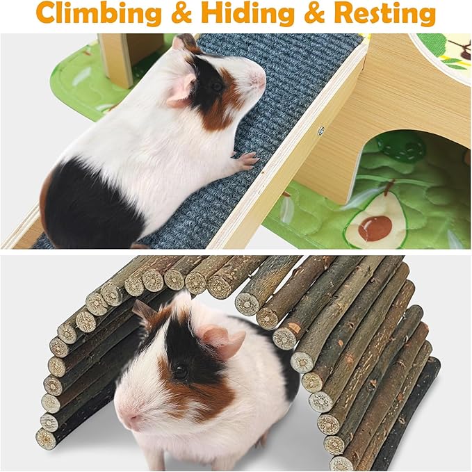 Fhiny Large Guinea Pig Hideout, 2 Tier Wooden Chinchilla Castle with Stair Bridge and Soft Mat Piggies House Small Animal Hideaway Hamster Habitat Decor for Chinchilla Hedgehog Hamster Gerbil Rat