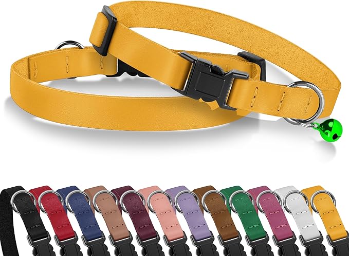 Breakaway Cat Collar with Bell - Leather Adjustable Kitten Collars with Safety Quick Release Buckle - Soft Small Pet Collars for Girl & Boy Cats (Yellow)