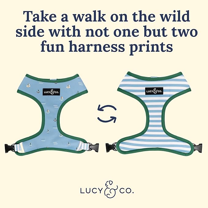 Lucy & Co. Set Sail Reversible Harness, Walking Halter - Best Designer Pet Harnesses for Large Dogs - Padded Adjustable Vest for Easy Walking, Large, Blue & White Stripes & Sailboats