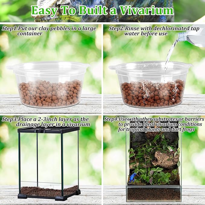 Riare 10LBS Expanded Clay Balls Terrarium Substrate for Reptiles - 100% Organic Lightweight Clay Pebbles Substrate Frogs False Bottom Substrate, Bioactive Terrarium Substrate for Drainage and Moisture