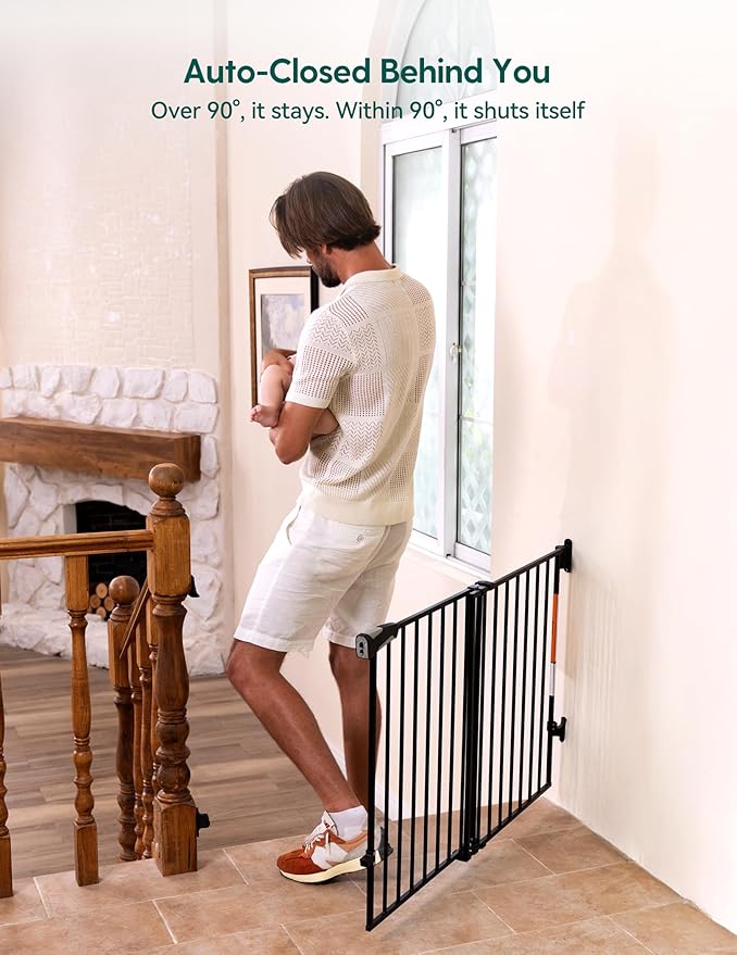 Babelio Baby Gate for Stairs, Kitchen & Doorways, No Bottom Bar| Easy Installation| One-Handed Operation| Auto-Close| Hardware Mount (Drill Needed) Safety Dog Gate (Black - B17, 29-49" W, 28" H)