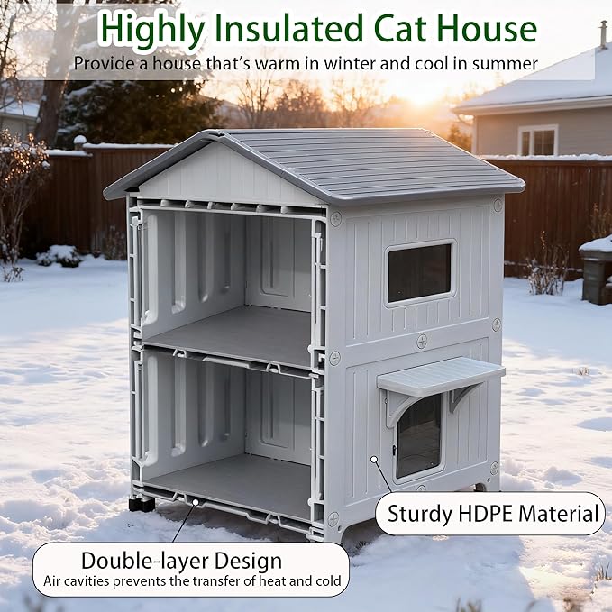 Rockever Plastic Insulated Outdoor Cat House with Escape Door, 2 Story Waterproof Cat House for Outdoor Cats for Feral Cats, Elevated Outside Cat Shelter, Clean and Assemble Easily