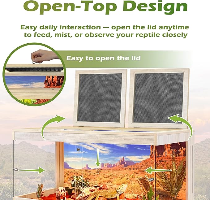ROYXEN Bearded Dragon Tank with Leg Stand,Tempered Glass Reptile Tank with Metal Mesh Top, 3-Side Clear Anti-Scratch Glass Lizard Tank,Snake Tank for Reptile Habitat (Oak, 62Gallons,40" Length)