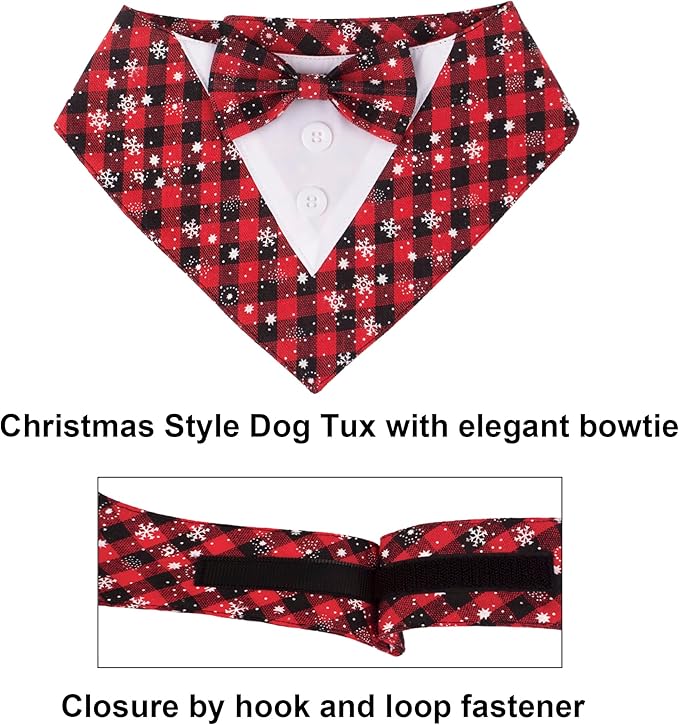 ADOGGYGO Christmas Dog Tuxedo Bandana, Red Plaid Pet Chritstmas Tux with Bowtie Adjustable Christmas Formal Costume for Extra Large Dogs Pets (XL)