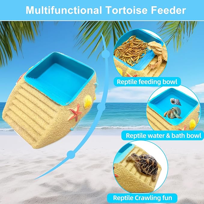 Tortoise Water Bowl,Reptile Water Dish,Resin Bearded Dragon Feeding Bowl with Ramp, Hermit Crab Bathing Pool, Lizard Food Dish Terrarium Decor for Turtle,Gecko,Chameleon,Frog(L)