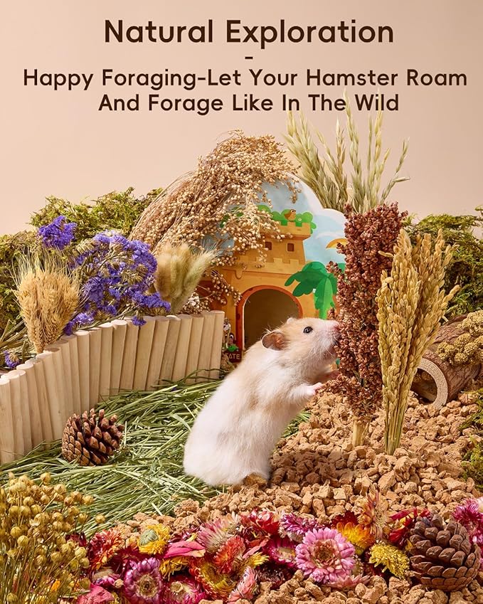 BUCATSTATE Natural Hamster Bedding - Flowers & Herbs & Sprays for Cage Habitat Decor - Treat Cereal Grain for Dwarf Syrian Gerbils, Mice, Rat, Forage, Enrichment (58PCS)