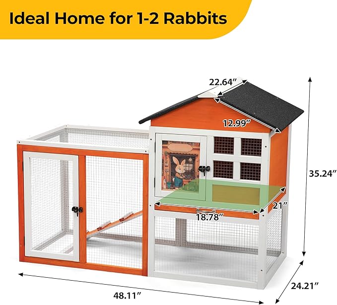 48" L Rabbit Hutch Outdoor Indoor, Expandable 2-Story Large Wooden Bunny Cage with Run, Removale Tray, Top-Opening Waterproof Roof, 2 Doors, DIY Drawing Board, Orange + Colorful Pattern