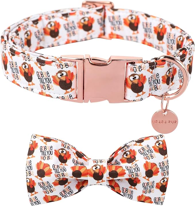 Thanksgiving Dog Collar with Bow Tie, Turkey Cotton Bowtie Collar for Puppy Girl Dog or Cat, Autumn Bow Tie Collar with Durable Metal Buckle, Turkeys Pet Collar, XS, Neck 8-12in