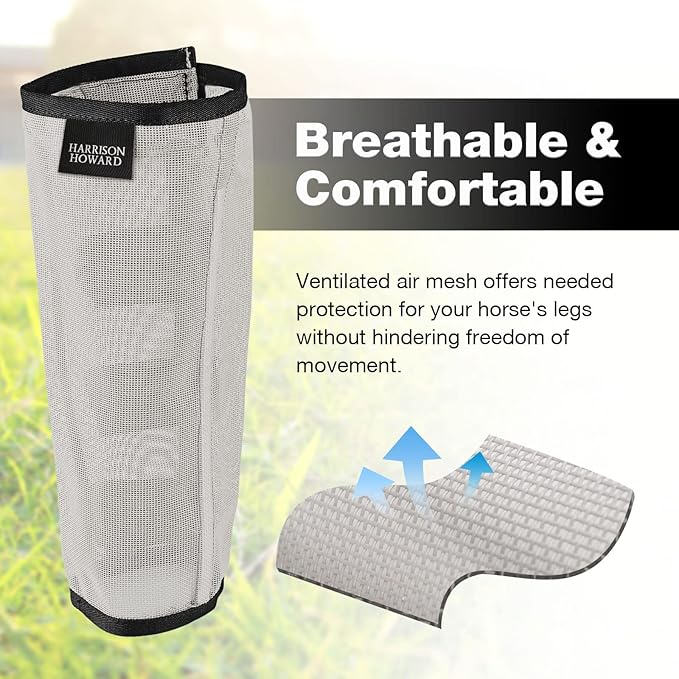 Harrison Howard Loose Fitting Fly Boots UV-Protective Extra Tough Mesh Ventilated Four Fasteners Stay-on Design Protect Horse Legs & Stomp-Reducing Set of 4 Silver Grey Large