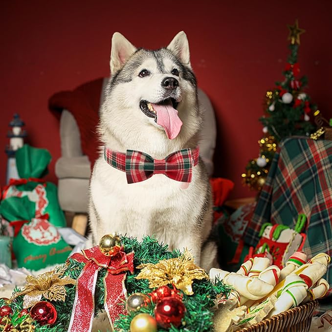 Christmas Plaid Dog Collar with Bow Tie– Adjustable Red & Green Checkered Dog Collar for Small Medium Large Dogs, Soft Xmas Plaid Puppy Collars with Quick Release Buckle S