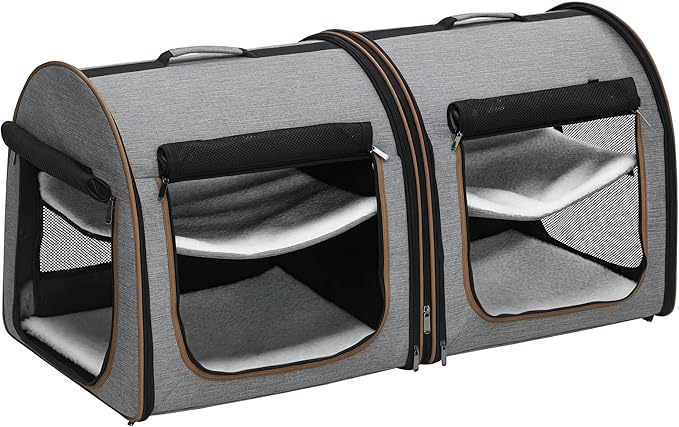 PawHut 39" Portable Soft-Sided Cat Carrier, Cat Kennel, Travel Dog Crate with Divider, Two Compartments, Soft Cushions & Storage Bag, Easy to Fold, Light Gray
