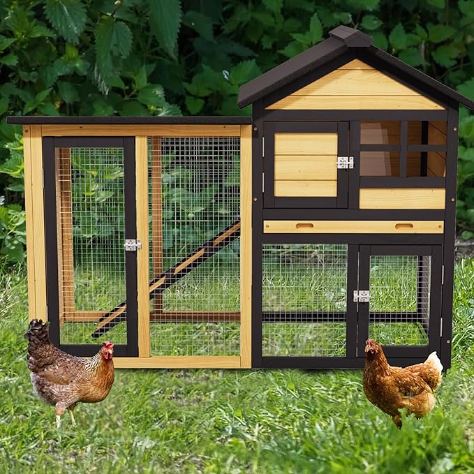 Large Chicken Coop and Run Outdoor Indoor Two Story Rabbit Hutch Pet House Guinea Pig Cage with Removable Tray, Ramp, Ventilation Doors for Chickens, Bunny, Ducks, Quails（Natural Wood）