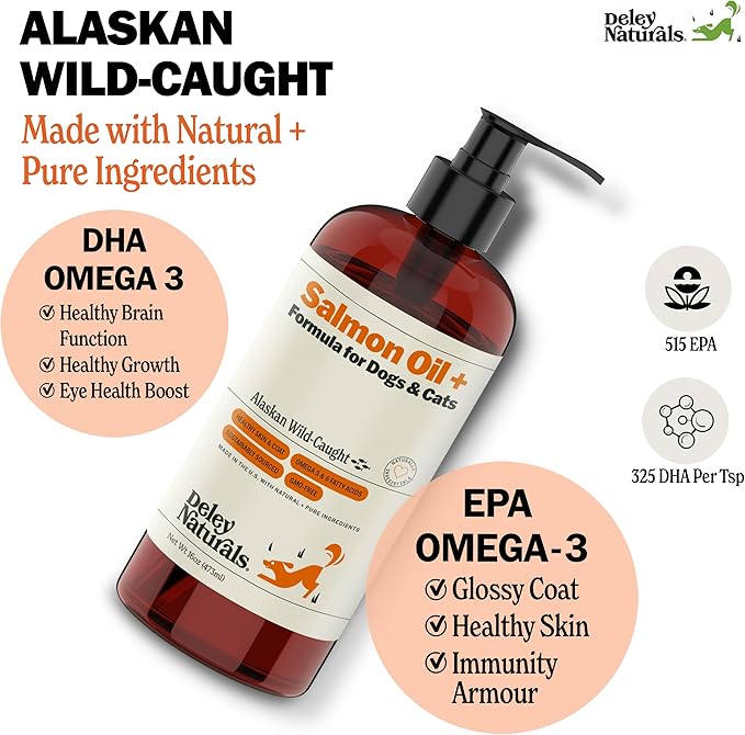 Deley Naturals Wild Alaskan Salmon Oil for Dogs - New & Improved Salmon Oil Plus Formula - Fish Oil for Dogs with DHA EPA Omega 3 & 6 Fatty Acids - Omega 3 Fish Oil for Skin & Coat - 16oz Made in USA