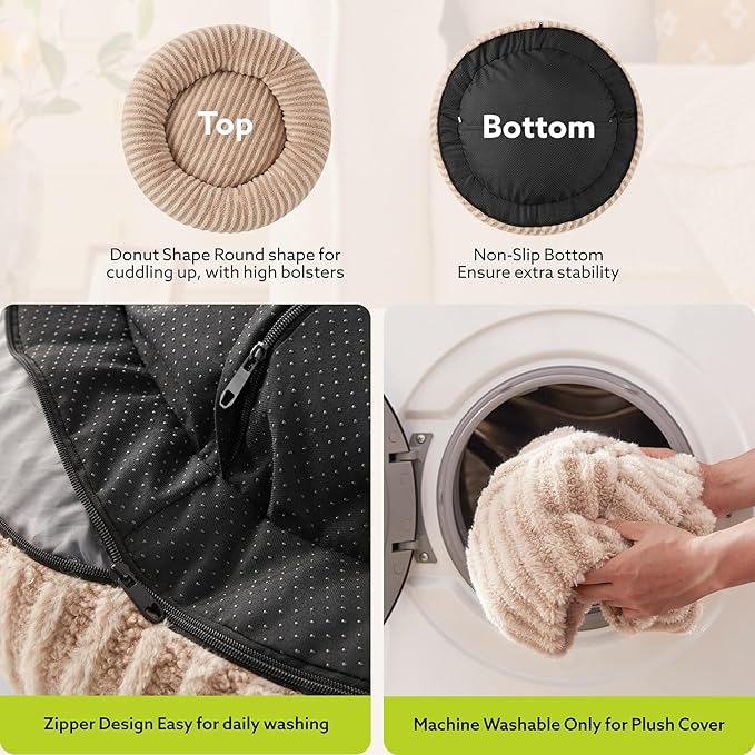 MIXJOY Dog Beds Large Sized Dogs, Washable Dogs Bed with Removable Cover, Cozy Donut Dog Ded Fluffy Plush Faux Fur Pet Bed with Anti-Slip Bottom, 36"x36"x10", Beige