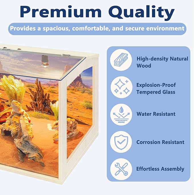 PROLEE Bearded Dragon Tank,Lizard Tank with Clear Tempered Glass Roof,Anti-Scratch Reptile Enclosure, Snake Tank and Reptile Tank,Built-in Light Fixtures with Switch (80 Gallons)