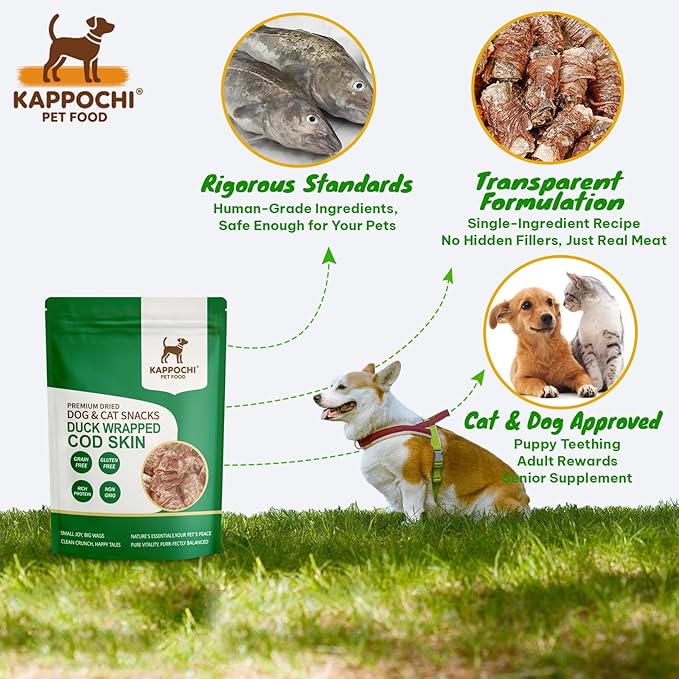 Freeze Dried Duck Wrapped Cod Skin Dog Treats, Rich in Omega-3, 2.8 Ounce (80.0g), Single Ingredient, High Protein Training Treats, Natural & Raw, No Additives, Grain Free, Gluten Free