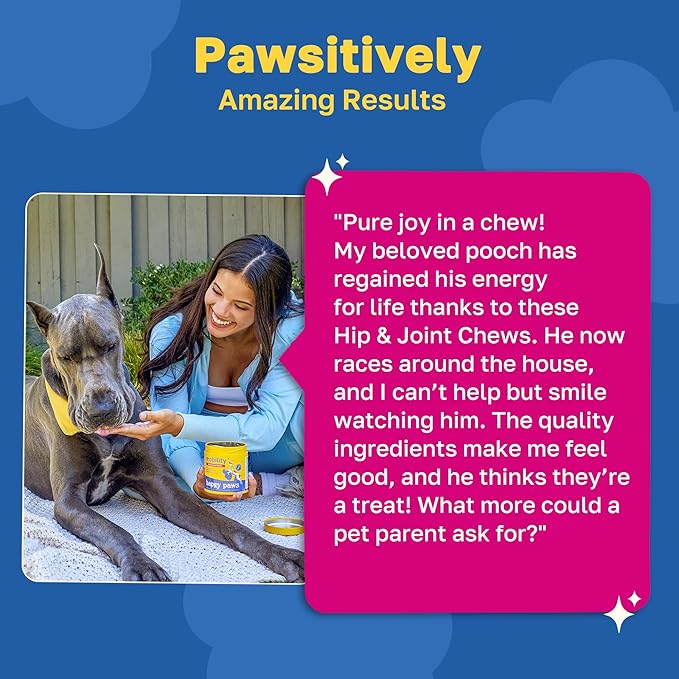 Happy Paws Hip & Joint Supplement for Dogs, Glucosamine Chondroitin for Dogs of All Breeds, Mobility Support Chews with Hyaluronic Acid & Turmeric, Vegan Bacon Flavor, Organic, Non GMO, 200 Chews