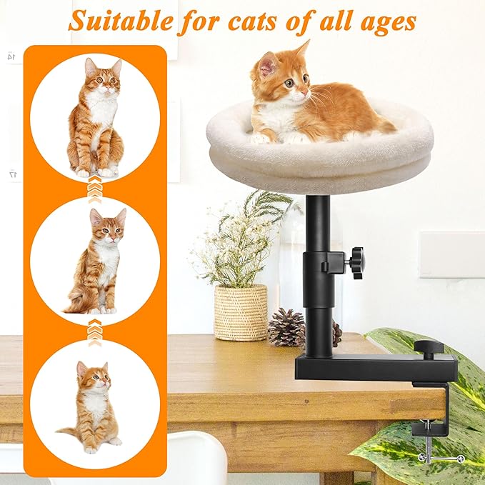 Cat Desk Bed 360° Rotating Cat Bed Desk, Solid Wood Perch, Removable Cushion, Adjustable Clamp for Office & Living Room