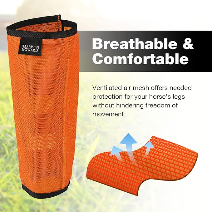 Harrison Howard Loose Fitting Fly Boots UV-Protective Extra Tough Mesh Ventilated Four Fasteners Stay-on Design Protect Horse Legs & Stomp-Reducing Set of 4 Orange Pony
