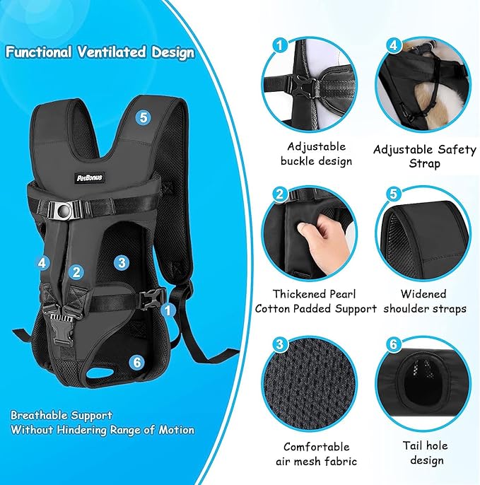 PetBonus Pet Front Dog Carrier Backpacks, Adjustable Pet Backpack, Legs Out Easy-fit Puppy Chest Carrier for Medium Small Dogs, Hands Free for Hiking, Cycling (Black, S)